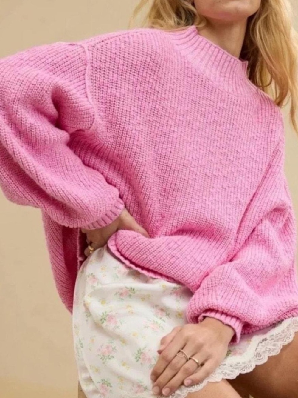 Aerie Hits The Spot Pink Mock Neck Chunky Knit Slouchy Cozy Sweater Size XL